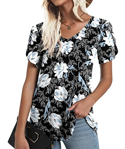 Cathy 2023 Womens Summer Tunics Short Sleeve Casual T-Shirts V Neck Loose Comfy Tops Cute Blouse Floral White Lily X-Large #TOP1