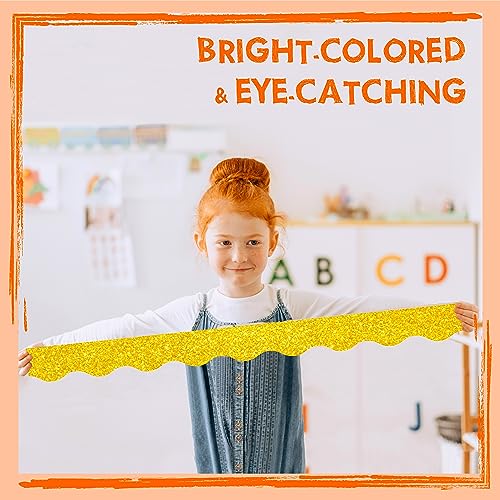 Image of 60 Feet Bulletin Board Borders, Golden Glitter Rolled Border Trim Scalloped Board Border with Wavy Line Design Decoration for School, Classroom & Office (Pack of 3)