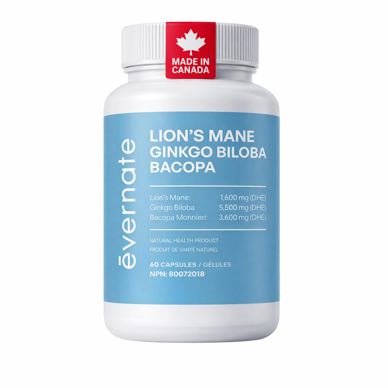 ALL-IN-ONE Lion's Mane 1,600 mg, Ginkgo Biloba 5,500 mg, Bacopa Monnieri 3,600 mg Bundle – Nootropic for Memory, Focus, and Brain Health – 2 Capsules Per Serving, Vegan, Made in Canada,