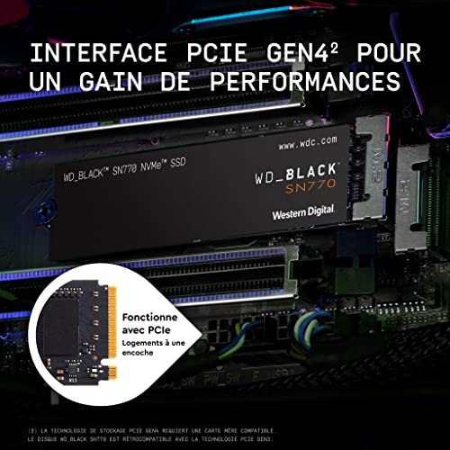 WD_BLACK SN770 SSD 2 To, Disque SSD Interne, Vitesse de lecture jusqu'à 5150 Mo/s, M.2 2280 NVMe SSD, PCIe Gen 4.0, Haute performance disque de jeu, Noir