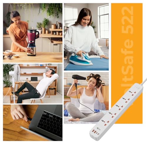 Image of OTEK VoltSafe 522 Extension Board with 5 Universal Sockets 2 USB & 2 Type-C Ports 2M Cord 2500W 10A Surge Protector Power Strip Charging Station with Safety Shutter for Home Office White