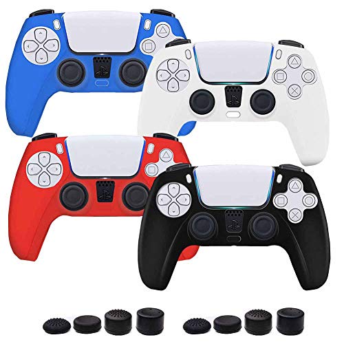Aosai PS5 DualSense Controller Skin, Studded Anti-Slip PS5 DualSense Controller Cover Silicone Grip for PS5 Controller(Controller Skin x 4 + FPS PRO Thumb Grips x 8) (Black+Red+Blue+White - 4 Pcs)