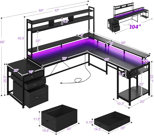Image of EnHomee 64x59 Inch Two Person L Shaped Gaming Desk with Shelf & LED Lights | 4-Layout with 4 AC+2 USB Charging Ports, Remote Lights for Gaming Room, Black
