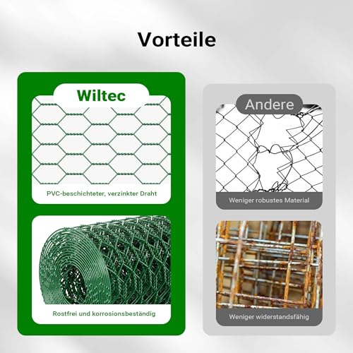 Wiltec Maschendrahtzaun Grün 60 cm x 25 m, 0,9 mm Stärke 25x25 mm Maschengröße, Volierendraht 6-Eck aus Stahl verzinkt, Drahtgitter, Vogeldraht