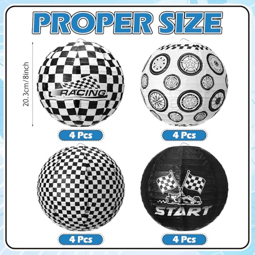 Image of VIHOSE 12 Pieces Black and White Checkered Paper Lanterns Race Car Party Decorations 8 Inch Checkered Flag Hanging Round Paper Lanterns for Checkered Flag Party Birthday Indoor Outdoor Supplies