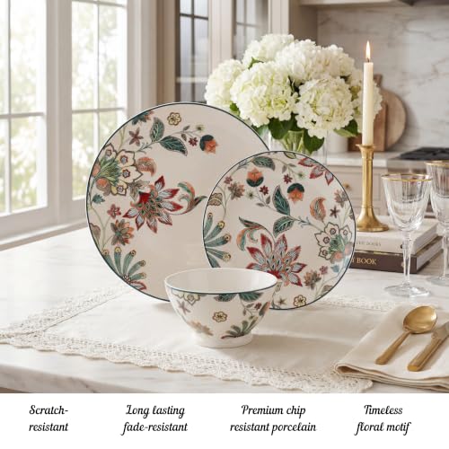 Image of 222 Fifth Perse 12-Piece Porcelain White Dinnerware Set | Microwave and Dishwasher Safe Big Dinner Plates and Bowls Sets for 4 | Stackable, Chip-Resistant Ceramic | Gifts for Housewarming & Wedding