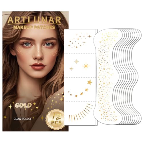 Artlunar 12Pcs Face Glitter Makeup Patches Glitter Makeup Accessories for Women & Girls Perfect for Music Festivals Concerts Parties Halloween & Christmas.(Gold)