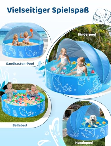 Hikiddy Schattiges Planschbecken für Kinder: 119,4 cm Pop-Up-Babypool mit Schatten für Sommer, Strand, Garten, Badespielzeug, Blau