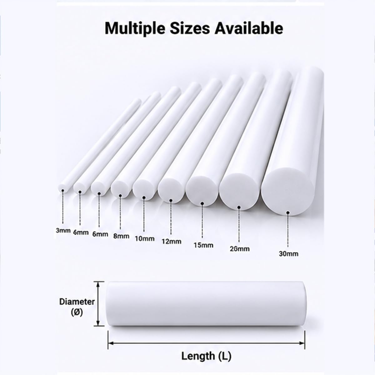 Varilla de PTFE Blanca, Barra de Teflón Sólida 20mm x 500mm, Alta Densidad,Taladrar y Mecanizar, para Casquillos, Arandelas, Guías y Componentes Mecánicos,130mmx200mm