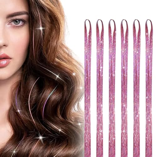 DHWEKU Hair Tinsel, Pink 120CM Haar Lametta 1200 Glitzer Haarsträhnen...