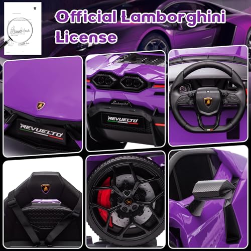 Hetoy 12V Kids Ride On Car, Licensed Lamborghini Revuelto Electric Car for Kids Over 37 Months, Battery Powered Sports Car Toy with Remote Control, Bluetooth, Headlight, Music, Purple