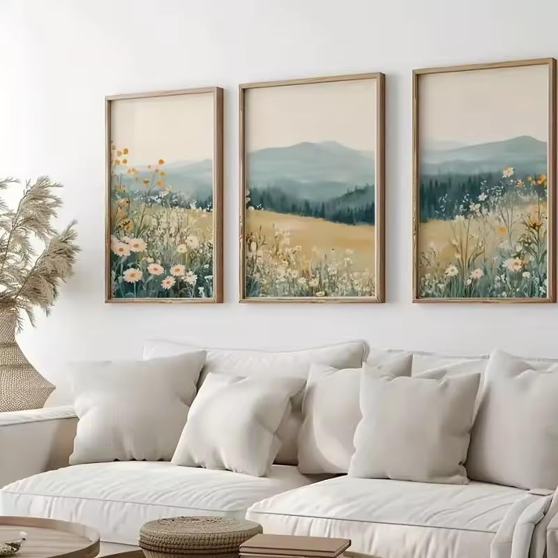 DIHANSM 3-teiliges Set Berg-Gänseblümchen-Wildblumen-Landschaftsposter auf Leinwand zur Heimdekoration (50 x 70 cm x 3/ungerahmt)