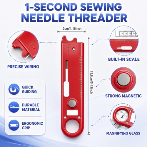 2PCS 4-in-1 Sewing Threader Tool, Multifunctional Sewing Tool with Needle Threader, Seam Ripper, Measuring Ruler & Magnifier, for Sewing, Embroidery,Craft Projects Use(Red+Blue) by Faylira - Used condition - Image 3
