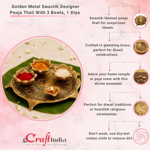 Image of eCraftIndia Golden Metal Swastik Designer Pooja Thali With 3 Bowls And 1 Diya - Traditional Pooja Essential Set For Home, Temple Use - Gift For Family - Suitable For Diwali, Navratri, Pooja Ceremonies