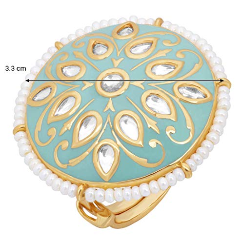 I Jewels Intricately Crafted in Gold Plated Traditional Red Enamel/Meena Work Moti Ring Glided with Uncut Polki Kundans & Edged with Moti for Women/3