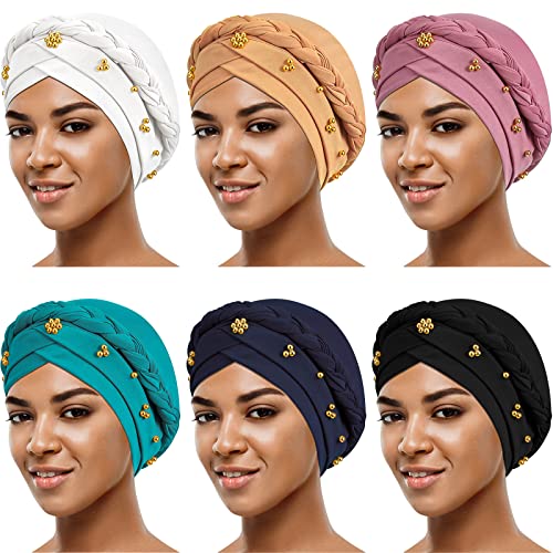 Image of 6 Pieces Turbans for Women Turban Head Wraps for African Black Women Headscarf Cap Beanie Wrap Braided
