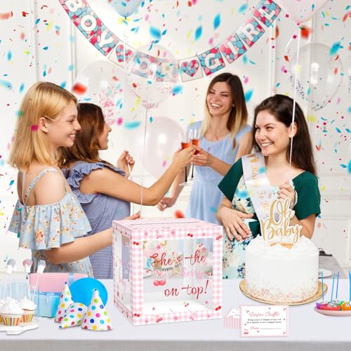 Image of 51Pcs Cherry Diaper Raffle Tickets with Box for Baby Shower Games, She's the Cherry on Top Baby Shower Decorations Pink Bow Clear Diaper Raffle Box