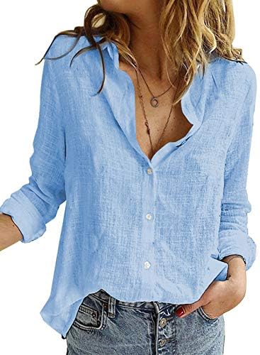 Astylish Womens Long Sleeve V Neck Solid Linen Blouses Button Down Shirts Tops Work Clothes for Women Office Blue Medium