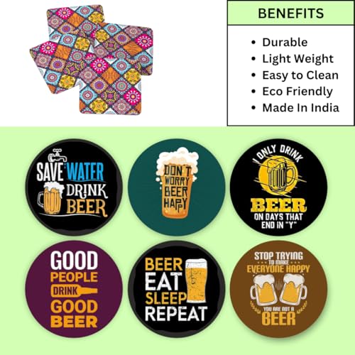 Image of Zesta Coasters for Cups Set of 6 / Wooden Coasters for Bar Accessories for Home /Tea Coaster Set of 6 / Waterproof Dining Table Decor Glass Cover (Beer, Circle)