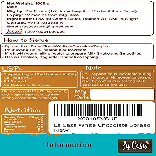 Image of La Casa White Chocolate Spread|Vegetarian|All Natural|Filling Or Ganache|1 Kg |