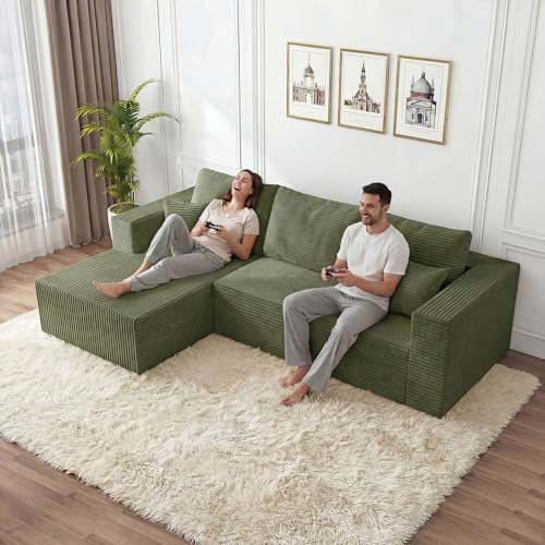 Image of 108 inch Modular Sectional Sofa,L-Shaped Cloud Couch with Deep Seats & Chaise,Convertible 4-in-1 Corduroy Boneless Couches for Living Room,Bedroom,No-Assembly,Green(Left Facing Chaise)