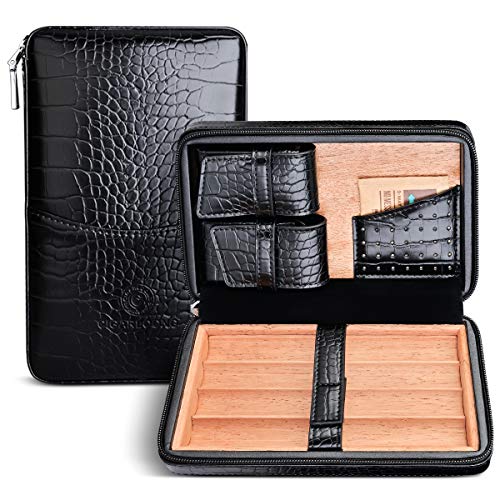 CIGARLOONG Cigar Humidor Leather Travel Cigar Case Built-in Removable Cedar Tray with Multifunction Cigars Bag(Color:Bright Black)