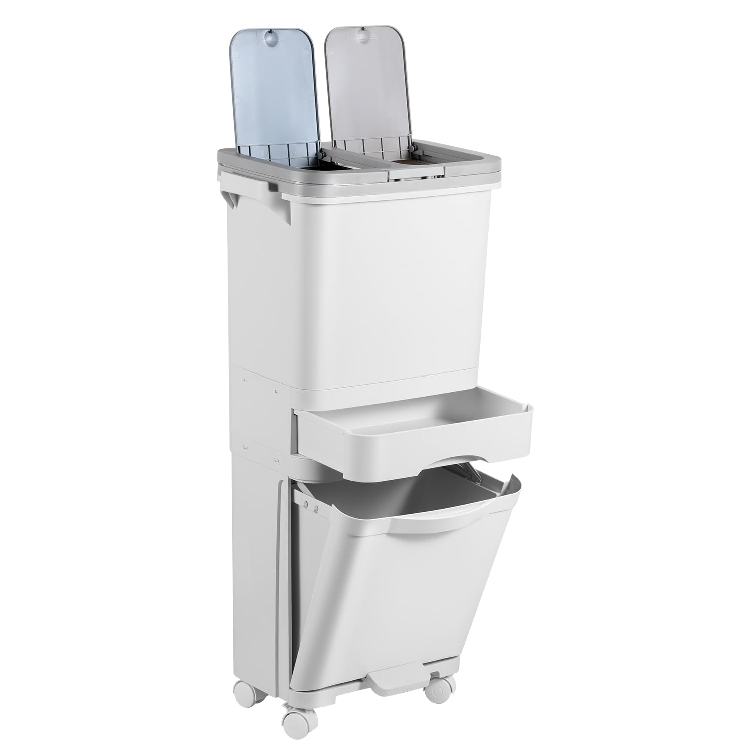 Fiqops Cubo de basura para cocina 42L con 3 compartimentos, separador de seco y húmedo, cubo de basura con pedal y ruedas para cocina, oficina y hogar, color blanco