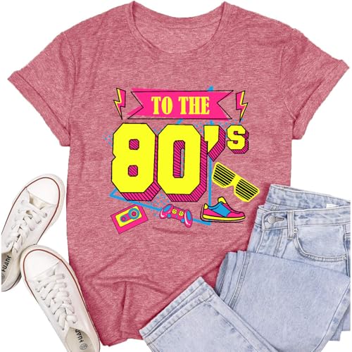 Cutesong Vintage 80s Shirts for Women Retro 1980 Party Outfits Vibrant Retro to The 80s Print tee top Pink