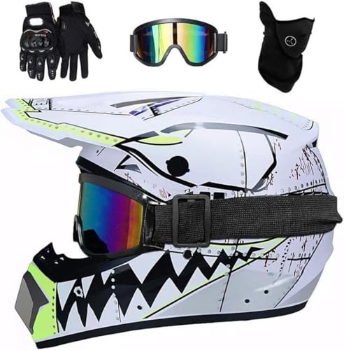 Unisexo Casco de Motocross Set, Adulto Cara Completa Fuera de La Carretera Moto Casco, Cuesta Abajo Enduro MTB ATV BMX Patio Bicicleta Sucia Chocar Casco(White,M(54~55cm))