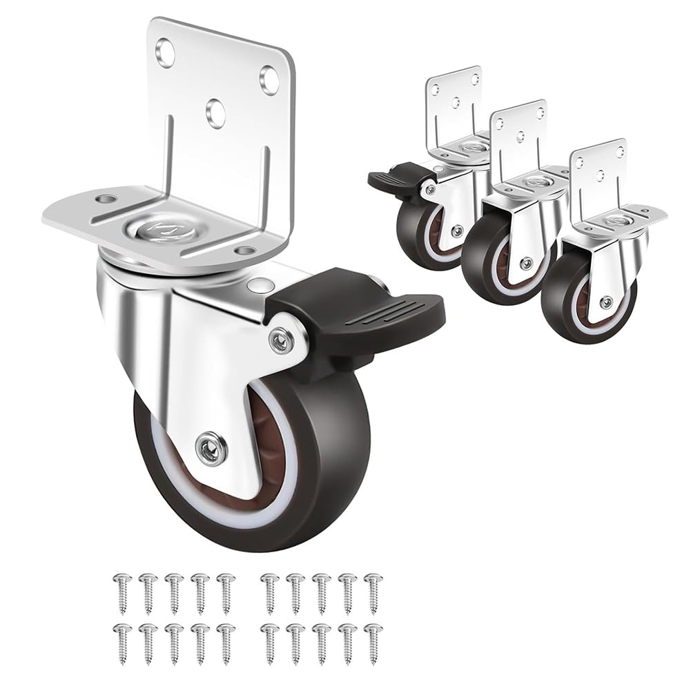 Side Mount Ruote,Ruote Set da 4 con Freno,L-Shape Piastra Piccolo Ruote per Mobili,Armadio Ruote,1.25in(L-Shape)