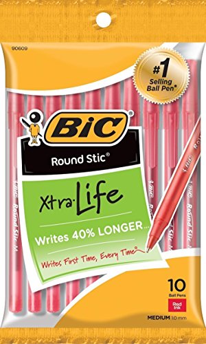 Image of BIC Round Stic Xtra Life Ball Pen, Medium Point (1.0mm), Red, 10-Count 3-Pack