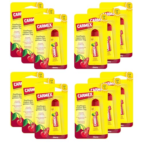 Carmex Cherry Tube - Cuidado labial para labios secos, bálsamo labial hidratante y calmante para labios agrietados, con protector solar, vaselina, vitamina E y cera de abejas - (12 x 10 g)