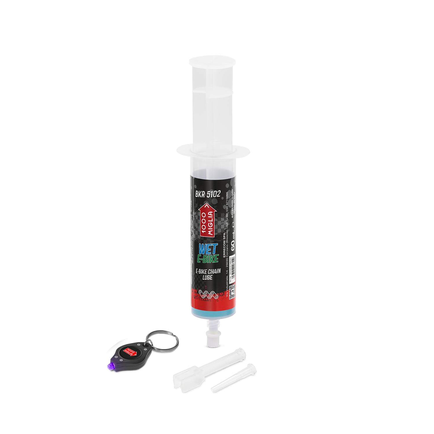 Errecom 1000 Miglia BKR 5102 E-BIKE WET Lube Bike Chain for Electric Bikes - 60 ml, Wet Weather Conditions, Cartridge with Drop and Huggie Application Systems, fluorescent and scented formula