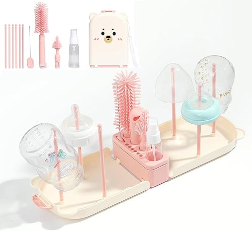 Kit de cepillo para biberones 6 en 1, limpiador portátil de silicona para botellas con cepillo para pajilla, cepillo para pezones, estante de