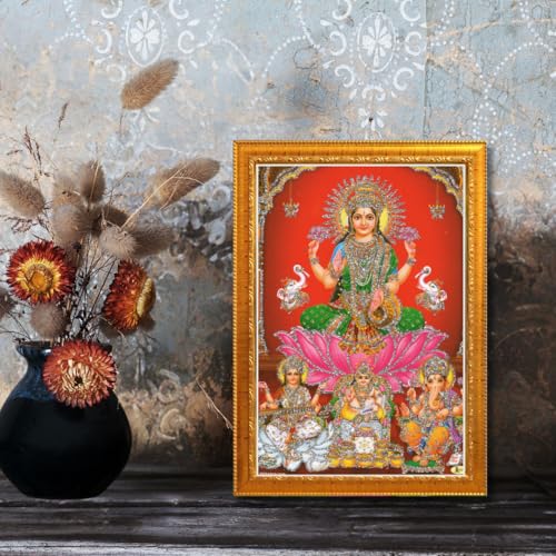 Image of CRAFT QUEST Lakshmi Devi with ganesh ji and saraswati mata Wall Painting Photo Frame for Diwali Pujan (Synthetic, Golden, Sparkle Finish, Small Size, 8 X 6 Inch)