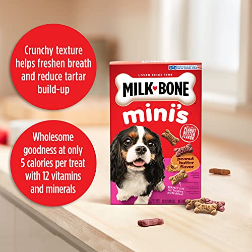 Image of Milk-Bone Flavor Snacks Mini's Peanut Butter Flavor Biscuits, 6 Boxes | 15-oz. boxes, Naturally and artificially flavored, 5 calories per treat, 15% protein