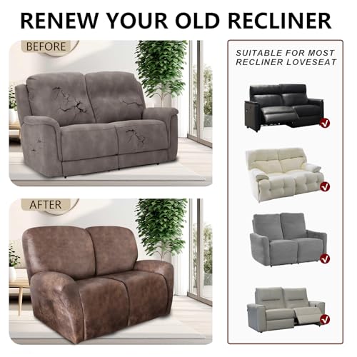 Image of ANARACHON Loveseat Recliner Cover Leather Look Recliner Loveseat Covers Recliner Sofa Cover for 2 Seater Reclining Couch Spandex Fabric Washable 6 Pieces (2 Seater, 02 Light Brown)