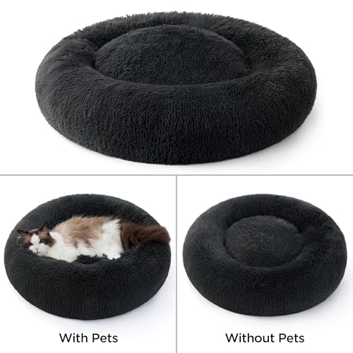 BEDSURE Hundebett waschbar Flauschiges Katzenbett - Ø 70 cm Katzenschlafplatz für Katzen und Hunde, plüsch Katzenkissen rund Kuschelbett, Dunkelgrau