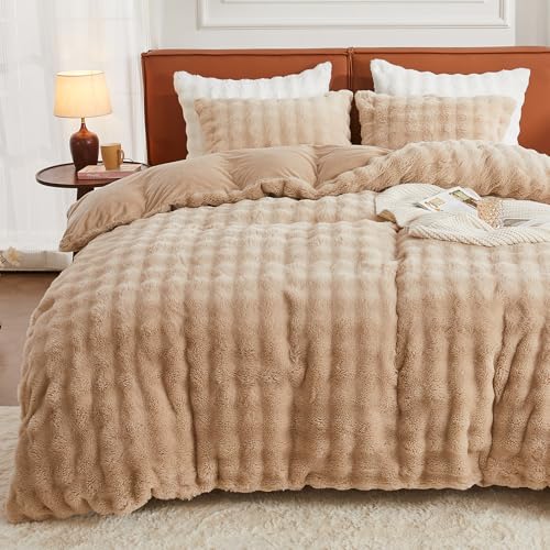 EMME Faux Fur Duvet Cover Queen Size, 3 Pieces Ultra Soft Fluffy Comforter Cover, Cozy Warm for Winter, Luxury Elegant Shaggy Bubble Design Bedding, 1 Duvet Cover & 2 Pillow Shams (Queen, Beige)