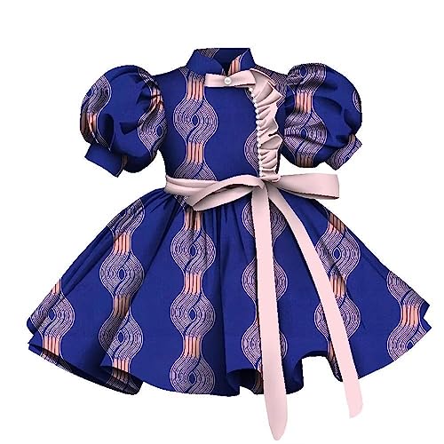 African Print Girls Dress Short Sleeve High Waist A-line Midi Dress Wedding Children's Birthday Party Evening