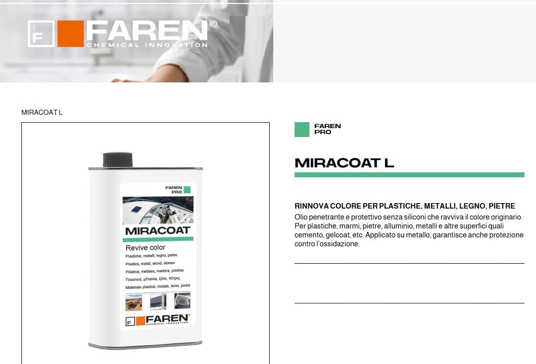 Faren MIRACOAT, Protettivo e Rigenerante,Ravviva Colore, per Plastica, Marmo, Granito, Pietra, Cemento, Metalli Lucidati e Cromati, Senza Siliconi, 500ml