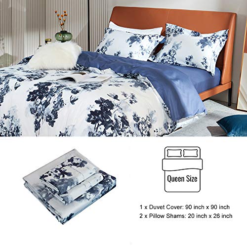 Image of MILDLY 100% Long Staple Cotton Duvet Cover Set Navy Blue Leaves Printed Comforter Cover Set Watercolor Plant Floral