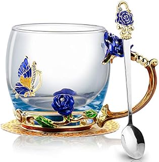 Enamels Butterfly Flower Glass Tea Cup with Spoon Coaster Set, Coffee Mugs for Mothers, Teachers, Girlfriends, and Grandma(Blue)