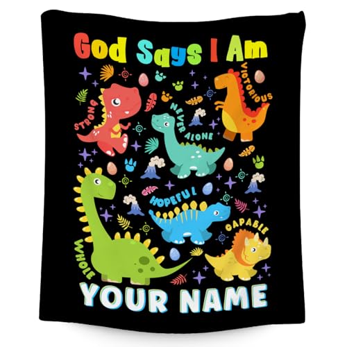 Custom Dinosaur Blanket, Cozy Soft Throw Gifts for Boys, 40x50 Inch Cute Flannel Blanket for Dinosaur Lovers, God Says I Am Throw Blankets for Couch Sofa