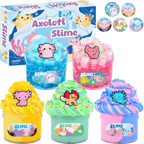 5 Pack Axolotl Crystal Butter Slime Set GEILEADER,a Soft and Elastic, Non Sticky Stress Relieving Toy, Suitable for Children Aged 5-7 to 8-12 Years Old for Classroom Parties and Gatherings