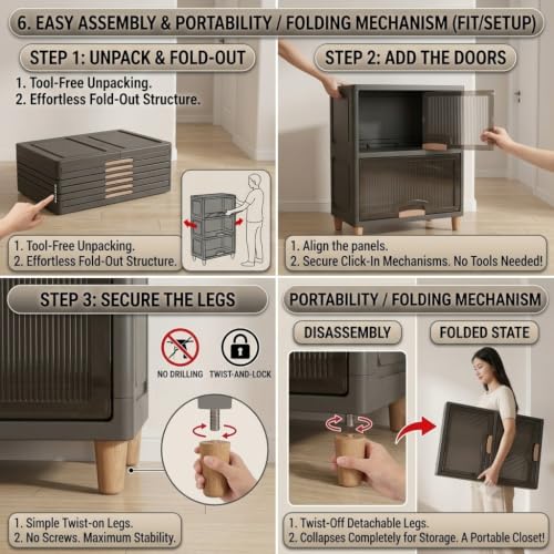 Image of YouCopia Collapsible Wardrobe, 5 Tier Foldable Plastic Clothes Storage Cabinet with Transparent Magnetic Doors, Dustproof Stackable Portable Wardrobe Organizer for Bedroom, Kids