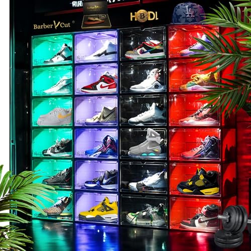 By L.T sneakers box LED almacenamiento zapato vitrina para colección baloncesto y figuras mueble zapatos decoración dormitorio etagere zapato apilable organizador para vestidor hombre/mujer (negro)