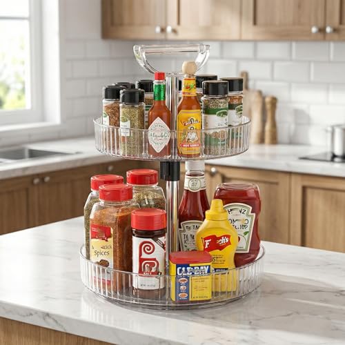 Image of Lazy Susan Organizer - 2 Tier Rotating Spice Rack Turntable, 11.4 inch Plastic Spinning Organizer for Kitchen Cabinet Pantry Countertop Cupboard Bathroom Storage, Clear