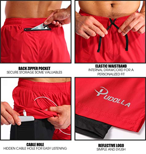 Image of Pudolla Men's 2 in 1 Running Shorts 5 inch Quick Dry Gym Athletic Workout Shorts for Men with Phone Pockets