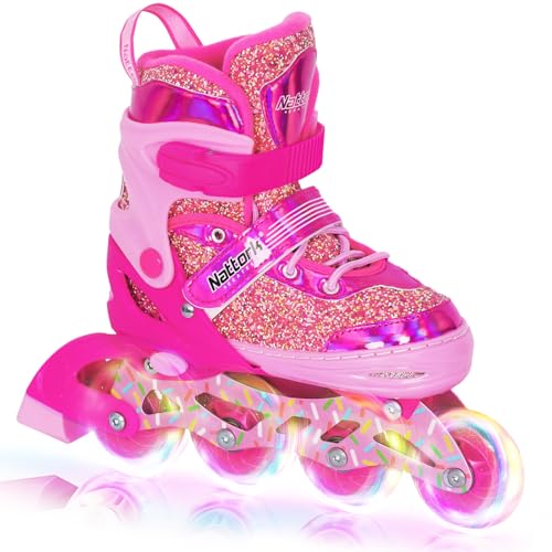 Nattork Inline Skates for Girls Kids, Candy Pink Adjustable Blades Roller Skates with Light up Wheels for Ages 4-12, Best Birthday Gift for Beginners Indoor Outdoor Sports - image 1